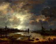 Aert van der Neer - A River near a Town, by Moonlight